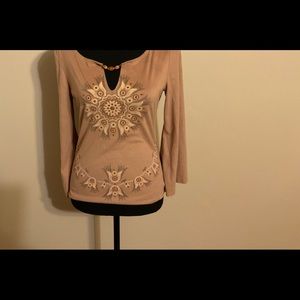 Lightweight suede blouse by Charade. Size M, Indian motif design